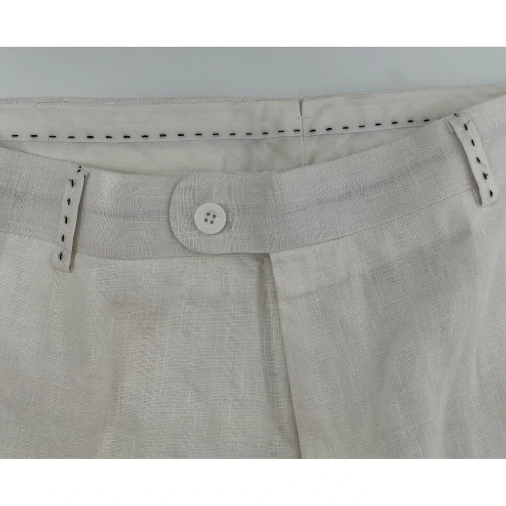 Mens Trouser Pant Linen Ivory Flat Front Sz 38 Black Stitch Detail Beach Wedding